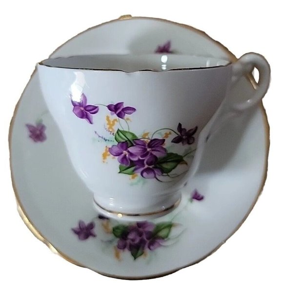 Vintage Crownford English Bone China  Cup Saucer Set Purple Violets Gold Trim - Picture 1 of 16
